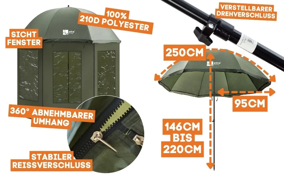 Schirmzelt Angeln Geschlossen + Schirmstütze als Angelzelt Set Zite Fishing - Detaillierte Übersicht