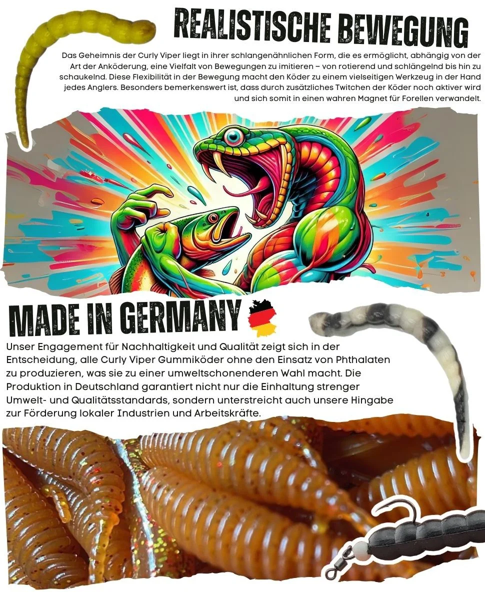 Zite Fishing Curly Viper Natur Mix Knoblauch 6,5 cm Rotierende Gummiköder Forelle 8 Stück - Detaillierte Übersicht