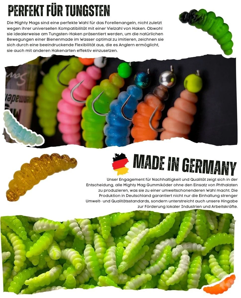 Mighty Mag Bienenmade Allround Mix Knoblauch Gummiköder Forelle 2,8 cm 12 Stück - Detaillierte Übersicht