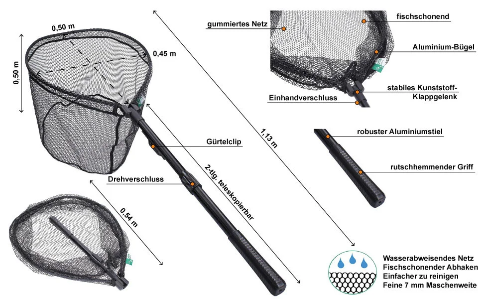 Zite Fishing Spinnkescher Gummiert - Einhändig Faltbar - Schwarz 113cm - Detaillierte Übersicht
