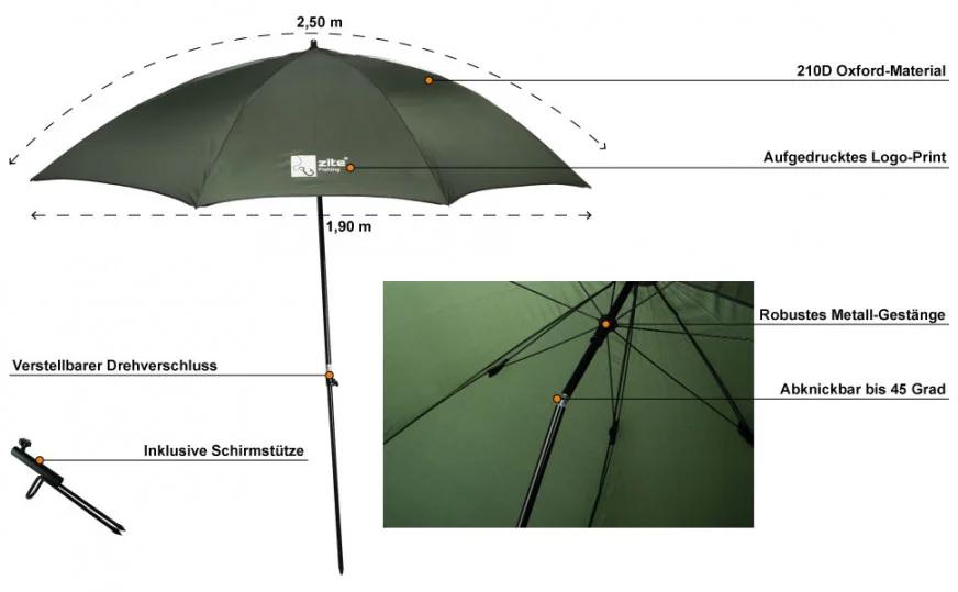 Angelschirm 250cm mit Schirmständer Set Zite Fishing - Detaillierte Übersicht