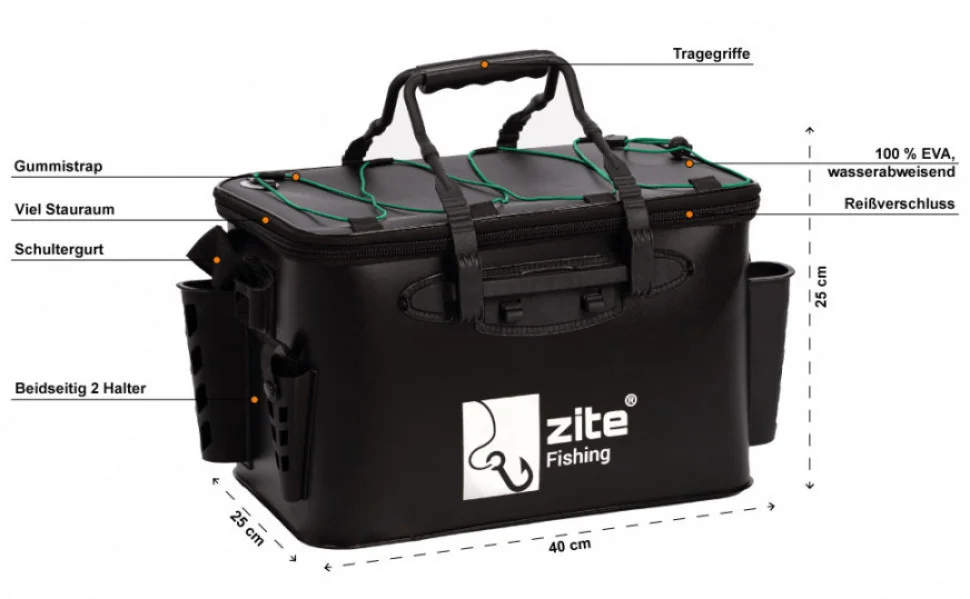 EVA Angeltasche Wasserdicht + Tackleboxen Medium als Bootstaschen Set Zite Fishing - Detaillierte Übersicht