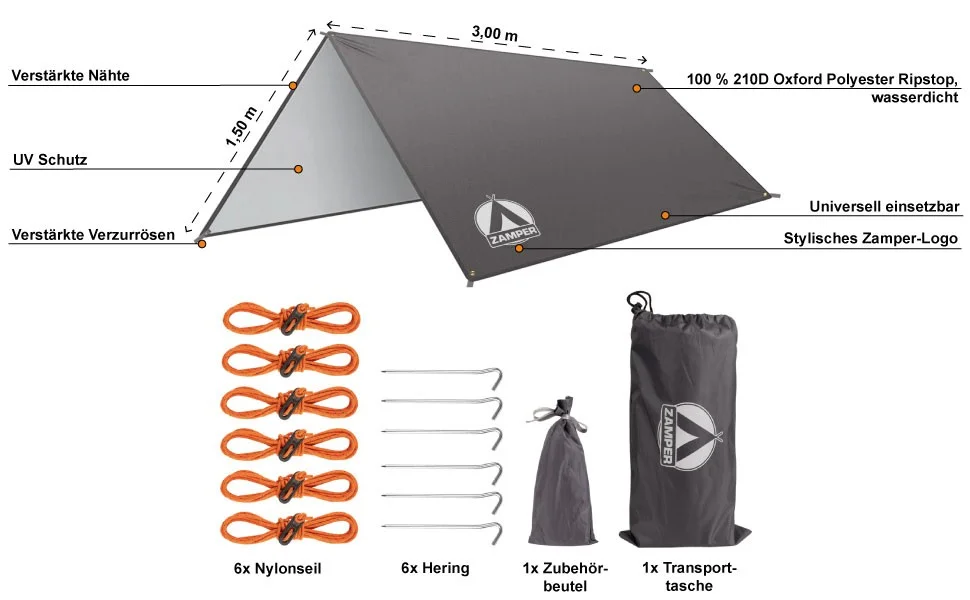 Zamper Tarp Zeltplane grau 3x3 m - Detaillierte Übersicht