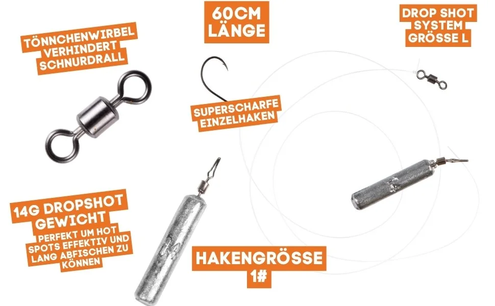 Zite Fishing Drop Shot Ready Rig #L mit 14g Blei, DS Haken & Fluorocarbon-Coated Vorfach-Schnur als Fertigmontage - Detaillierte Übersicht