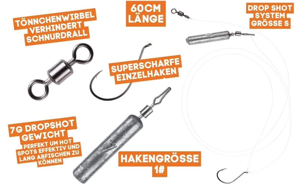 Zite Fishing Drop Shot Ready Rig #S mit 7g Blei, DS Haken & Fluorocarbon-Vorfachmaterial als Fertigmontage - Detaillierte Übersicht