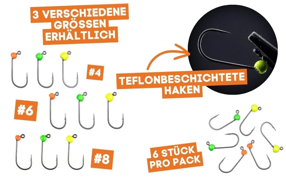 Zite Fishing Premium Tungsten Pro Sharp Jighaken Neon #8 - Teflonbeschichtete Forellen-Haken mit Tungstenperle - Detaillierte Übersicht
