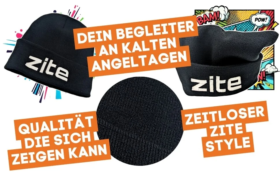 Zite Fishing Beanie Mütze Schwarz mit gestickten Logo - Detaillierte Übersicht