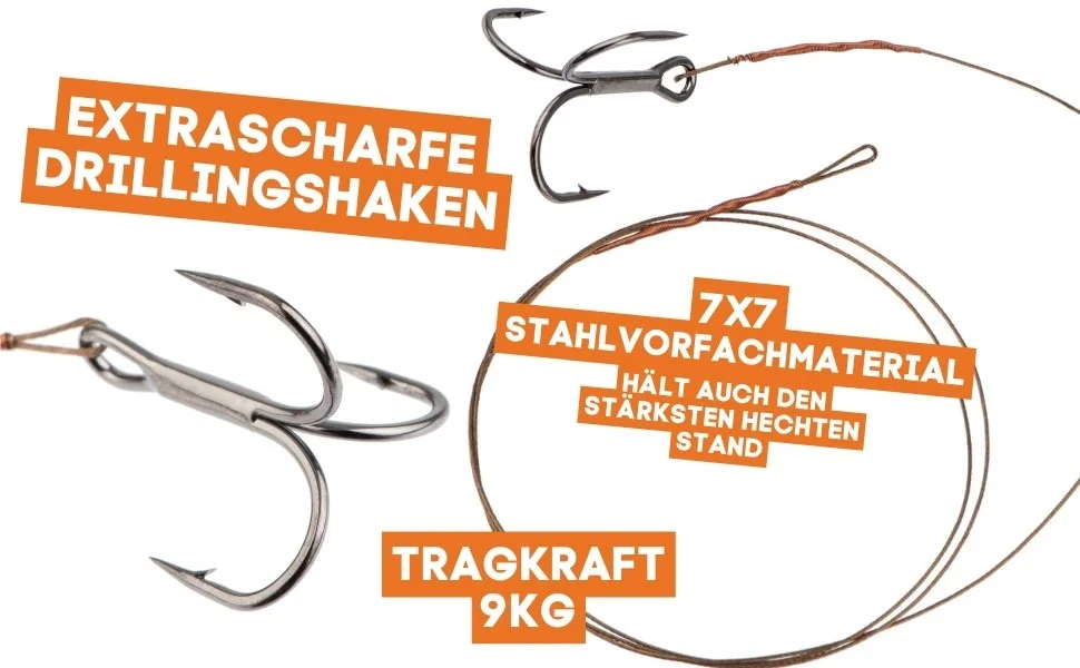 Zite Fishing Köderfisch System S, M & L - Stinger Raubfisch Hechtmontage - 7x7 Stahlvorfach - Fertigsystem - Detaillierte Übersicht