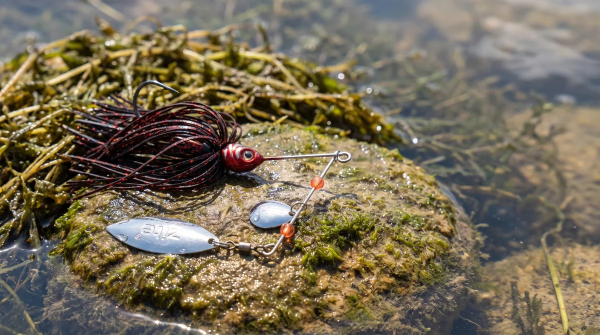 Inzite Rotator Spinnerbaits 21g – Haken 5/0 – Dark Cherry – mit Doppelspinnerblatt & Fransen - Detaillierte Übersicht
