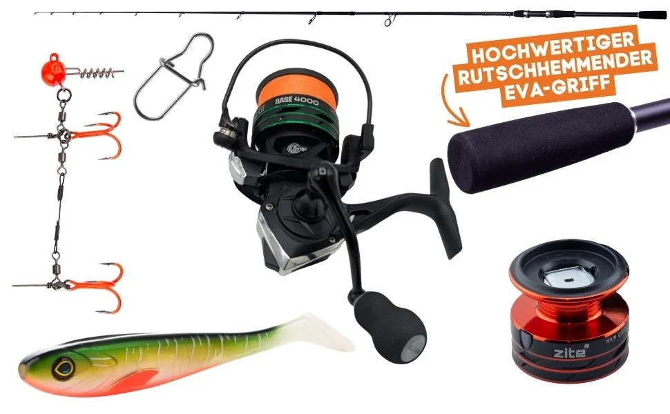 Inzite Base Stick Hecht Set - 255 Angelrute & Spinning Base Reel 4000 bespult, Snaps, Jighaken uvm. - Detaillierte Übersicht