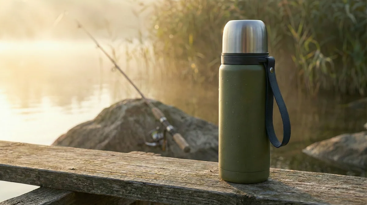Zite Fishing Thermoskanne 1l Edelstahl Olivgrün – Doppelwandige Thermosflasche 8h heiß / 24h kalt mit Becher - Detaillierte Übersicht