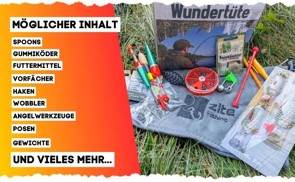Wundertüte mit Allround Angelzubehör - Überraschungs Anglergeschenk Box mit 100 € Guthabenkarte - Detaillierte Übersicht