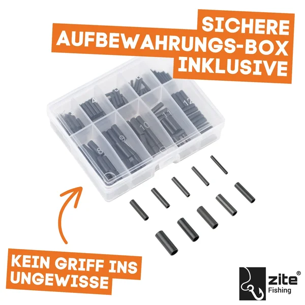 Klemmhülsen Set 10 Größen - 150 Quetschhülsen Schwarz in Box Angeln Vorfachmaterial Zite Fishing_auswahl1