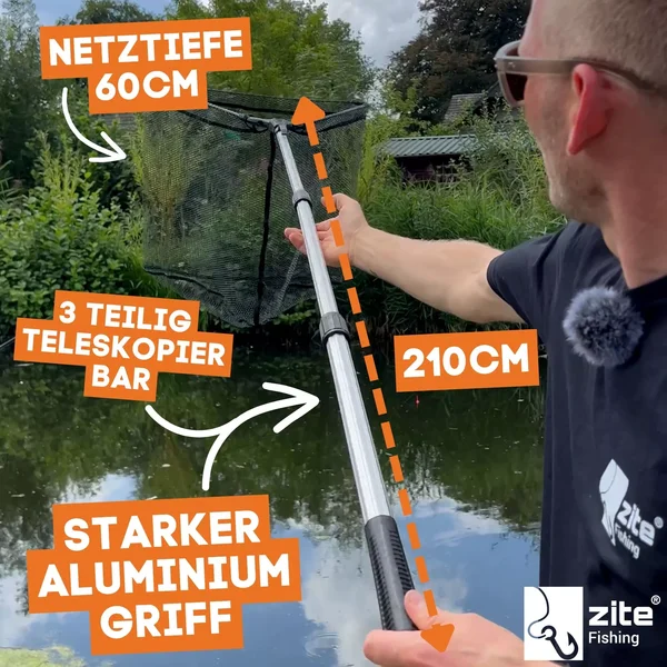 Kescher Gummiert 2,10m – 3-Teilig Teleskop mit gummiertem Netz & Maßband-Tasche Zite Fishing _auswahl2