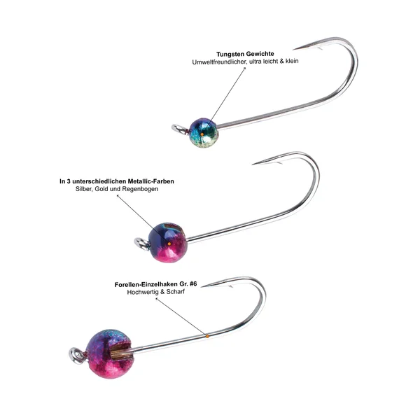 Tungsten Jigköpfe Forelle Metallic 0,3-1,2g 9 STK UL Forellenhaken Zite Fishing_auswahl1
