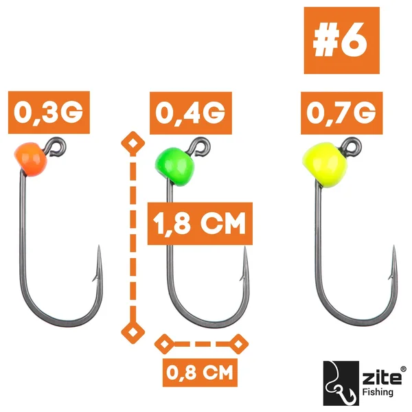 Zite Fishing Tungsten ProSharp Jighaken Set #6 Neon 18 Angelhaken 0,3-0,7g Jigköpfe Tefloncoated in Sortierbox_auswahl1