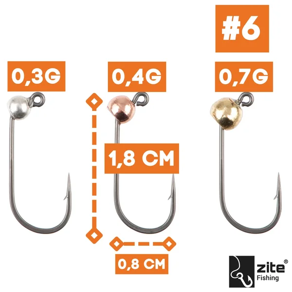Zite Fishing Tungsten ProSharp Jighaken Set #6 Metallic 18 Angelhaken 0,3-0,7g Jigköpfe Tefloncoated in Sortierbox_auswahl1