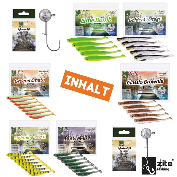 Gummifisch Starterset - Inzite Shad & Pershad je 3 Farben Gummiköder-Kombi für Zander & Barsch inkl. GRATIS Jighaken _auswahl7
