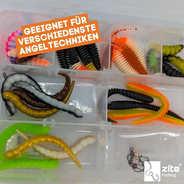 Ultra Light Gummiköder Schnupper Box 40 Forellenköder, Aroma, Haken Set_auswahl5
