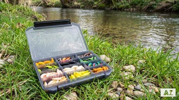 Mighty Mag Starterbox – 144 Gummiköder 2,8 cm in 12 Farben mit Tackle-Box – Forellen Köder Set_auswahl1