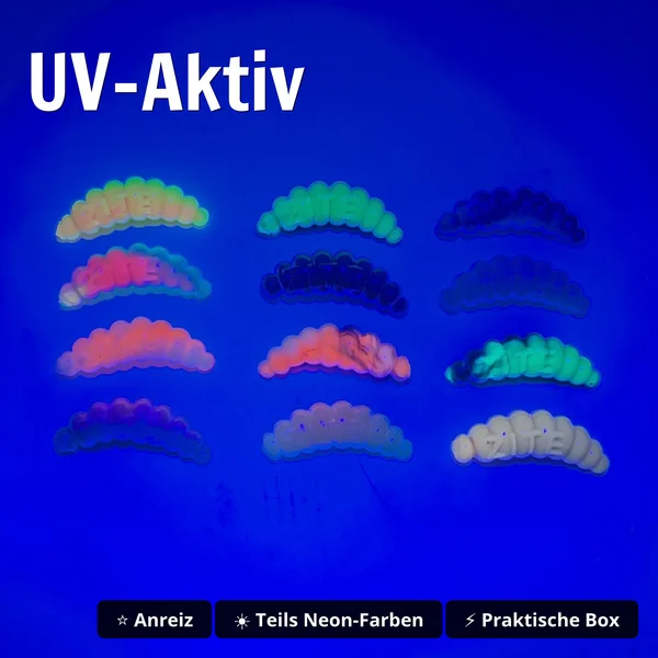 Mighty Mag Starterbox – 144 Gummiköder 2,8 cm in 12 Farben mit Tackle-Box – Forellen Köder Set_auswahl3