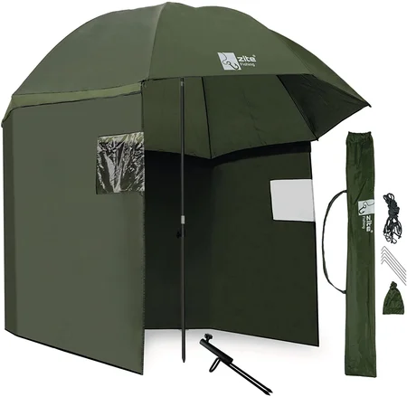 Angelschirm Schirmzelt mit Umhang 250 cm + Schirmstütze Set Zite Fishing