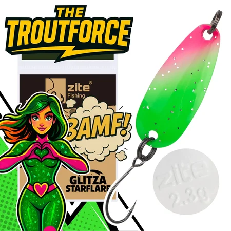 The Troutforce Spoon BAMF! 2,3 g – Glitza Starflare – UV-aktiver Forellenspoon Zite Fishing 