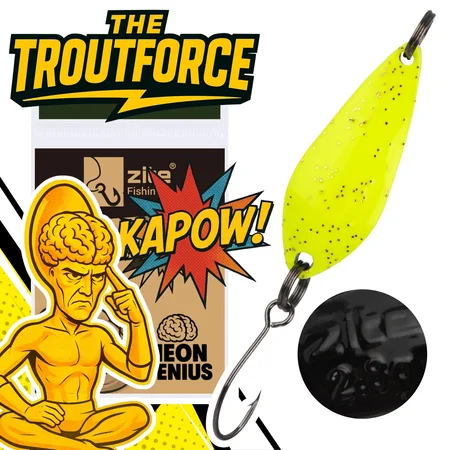 The Troutforce Spoon KAPOW! 2,8 g – Neon Genius – UV-aktiver Forellenspoon Zite Fishing