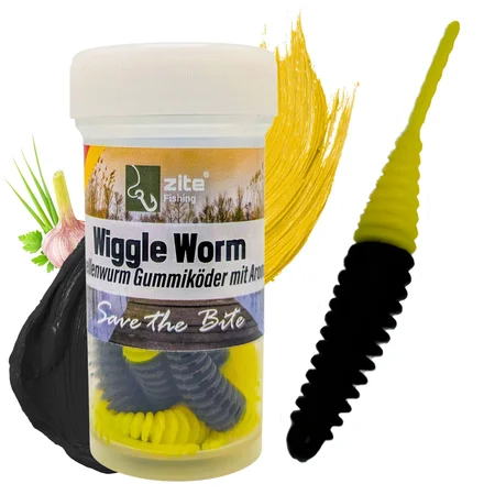 Wiggle Worm Forellenköder Schwarz Gelb mit Knoblauch-Aroma, 5,5 cm, 10 Stück Gummiköder
