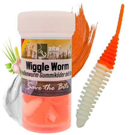 Wiggle Worm Sweet Orange Knoblauch 5,5 cm – Forellenköder mit Aroma, 10 Stück Gummiköder