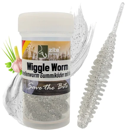 Wiggle Worm Forellenwurm Transparent Silber Glitter mit Knoblaucharoma, 5,5 cm, 10 Stück Gummiköder