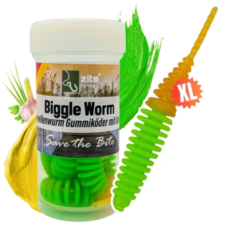 Biggle Worm Chartreuse Gold Knoblauch 6,5 cm 8 Stück – Lamellenwurm Gummiköder für Forelle mit Knoblaucharoma