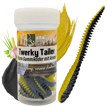 Twerky Tailer 7 cm Schwarz-Gelb Knoblauch – 8 Stück 3-in-1 Forellenköder mit Aroma