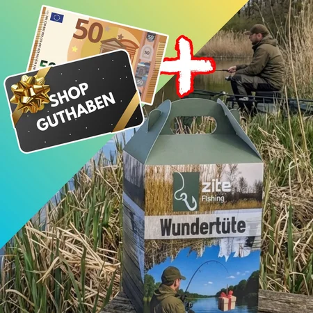Wundertüte mit Allround Angelzubehör - Überraschungs Anglergeschenk Box mit 50 € Guthabenkarte