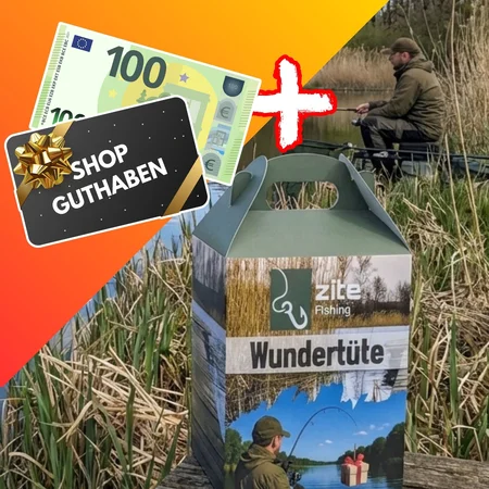 Wundertüte mit Allround Angelzubehör - Überraschungs Anglergeschenk Box mit 100 € Guthabenkarte