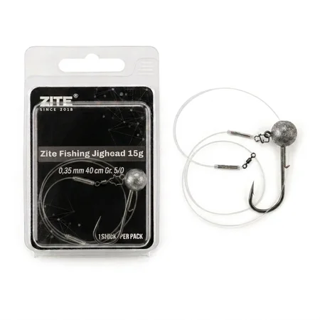 Zite Fishing Jigkopf Ready Rig 15 g Gr. 5/0 – Fertigmontage mit Fluorocarbon-Vorfach 0,35 mm 40 cm für Hecht & Zander