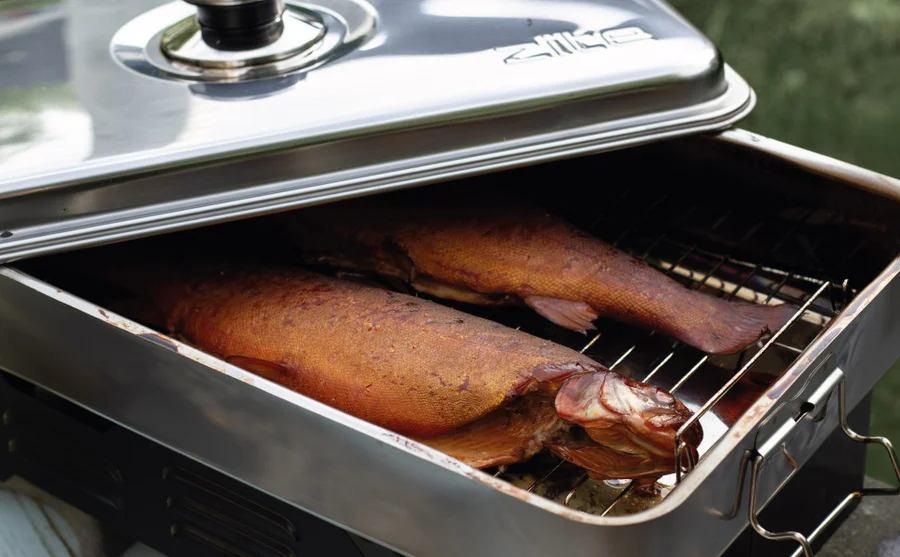 Tischräucherofen mit Thermometer + Räuchermehl Buche 300 g Set Zite Fishing - Unser Smoker voll im Einsatz