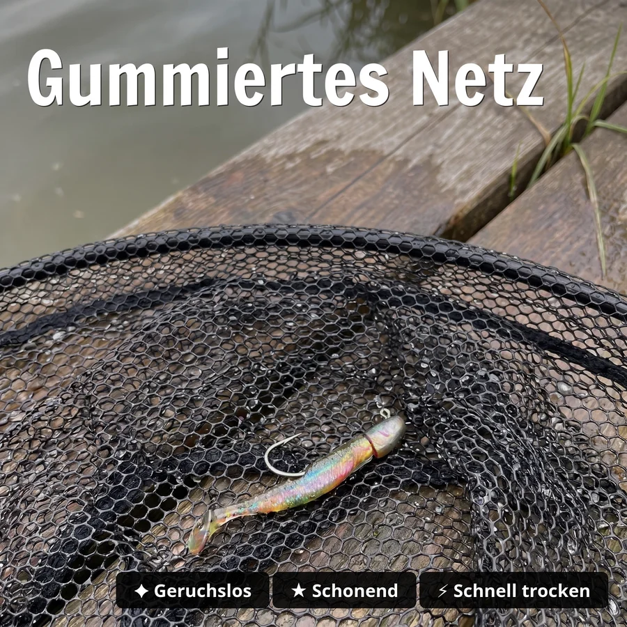 Kescher Gummiert 2,10m – 3-Teilig Teleskop mit gummiertem Netz & Maßband-Tasche Zite Fishing  - Gummiertes Netz