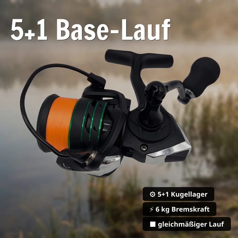 Spinning Reel Base 2000 bespult Spinnrolle mit Frontbremse 5+1 2 Aluminiumspulen für Forelle & Barsch Spinnfischen - 5+1 Base-Lauf