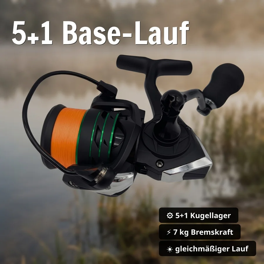Spinning Reel Base 3000 Spinnrolle mit Frontbremse 5+1 2 Aluminiumspulen für Forelle & Barsch Spinnfischen - 5+1 Base-Lauf