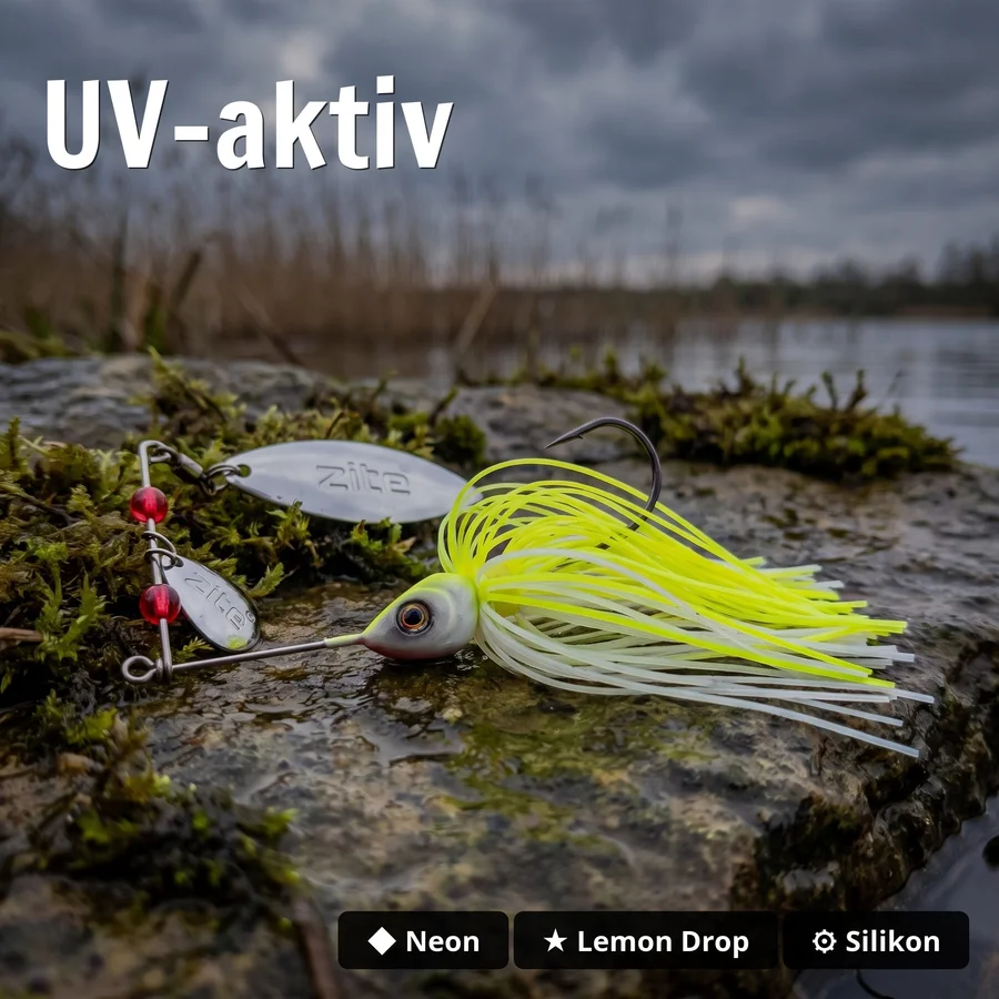 Inzite Rotator Spinnerbaits 10g – Haken 5/0 – Lemon Drop – mit Doppelspinnerblatt & Fransen - UV-aktiv