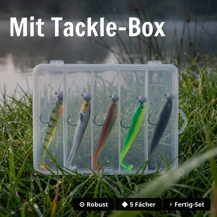 Zite Fishing Inzite Shad Set – 5 fertig montierte Gummifische 12cm mit Mustad Jighaken 5/0, für Zander & Barsch, UV-Farb - Mit Tackle-Box
