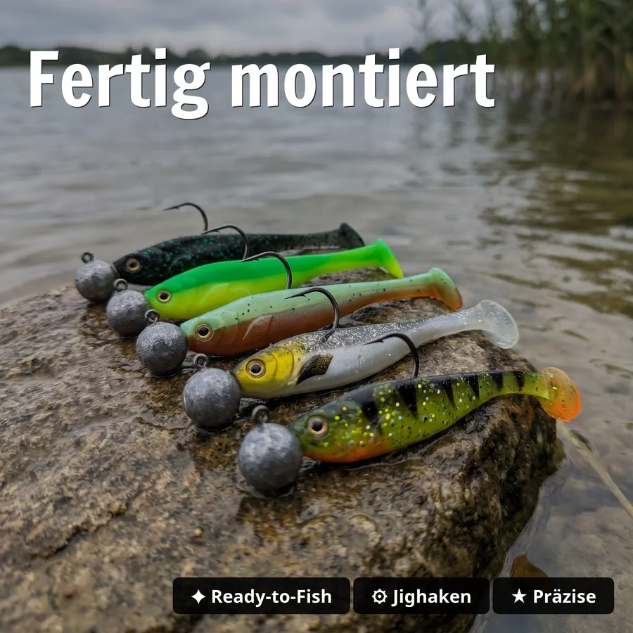 Zite Fishing Ready Rigged Pershads 8cm – 5 Gummifische fertig montiert auf Jighaken für Barsch & Zander - Fertig montiert