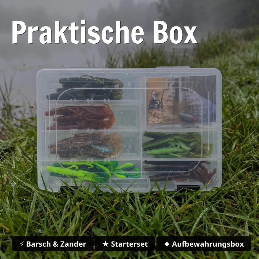 Zite Fishing Inzite Braw Starterbox – 30 Gummiköder 10,5 cm + 6 Fertigvorfächer für Barsch & Zander - Praktische Box