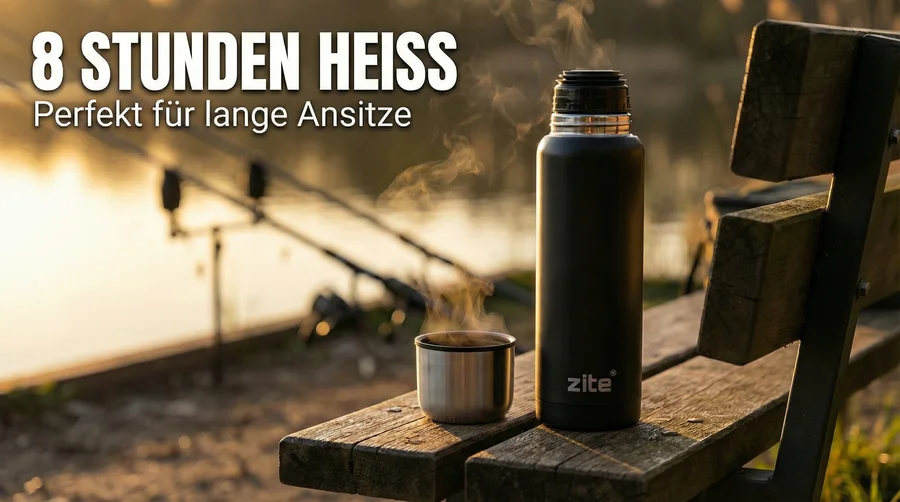 Zite Fishing Thermoskanne 1l Edelstahl Schwarz – Doppelwandige Thermosflasche 8h heiß / 24h kalt mit Becher - Heißgetränk bis zum Abendzug