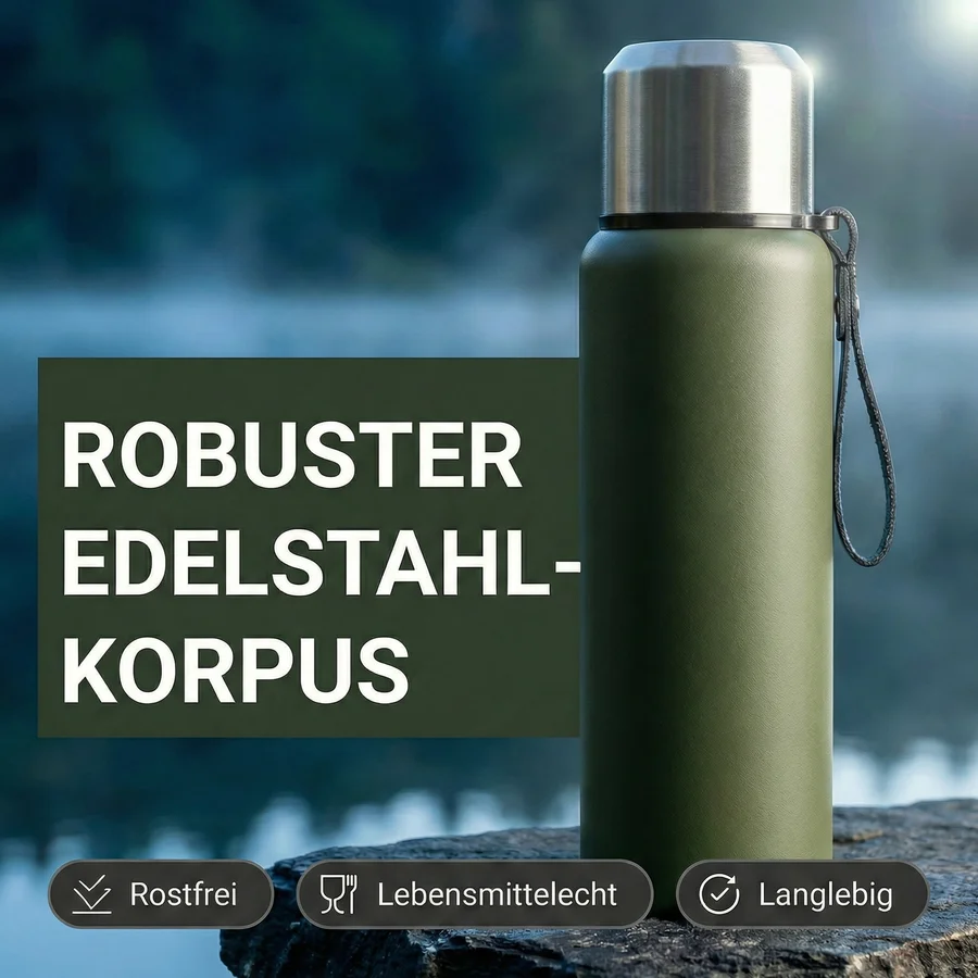 Zite Fishing Thermoskanne 1l Edelstahl Olivgrün – Doppelwandige Thermosflasche 8h heiß / 24h kalt mit Becher - Robuster 18/8-Edelstahl-Korpus