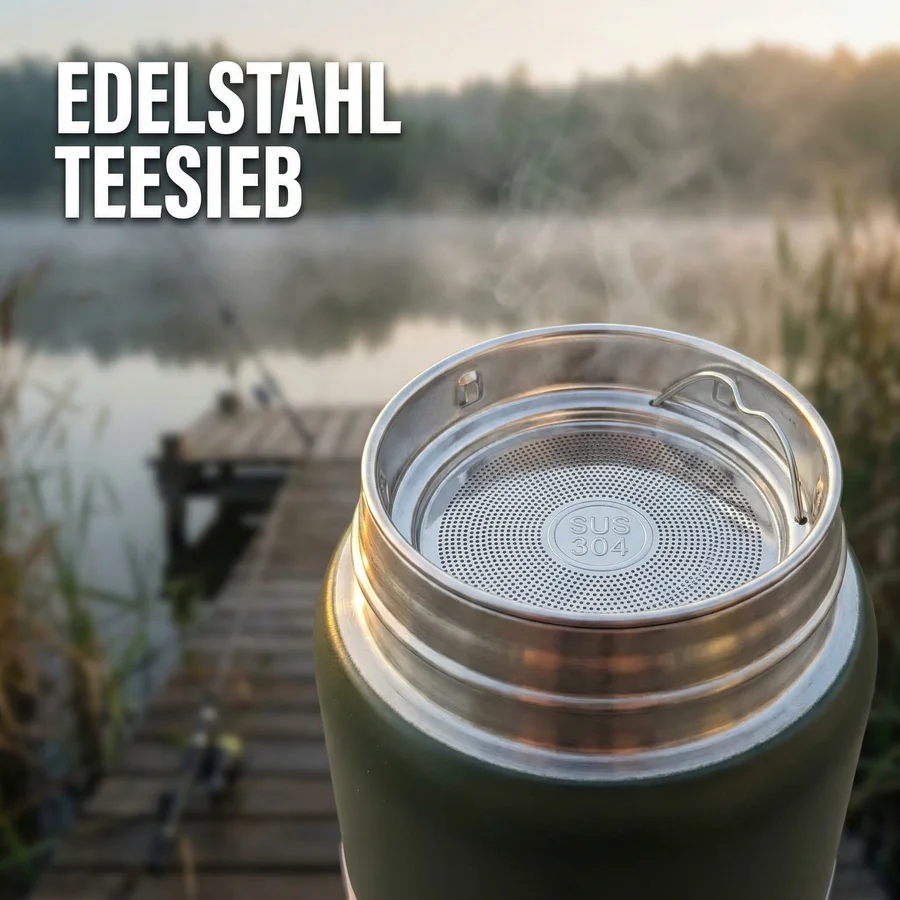 Zite Fishing Thermoskanne 1l Edelstahl Olivgrün – Doppelwandige Thermosflasche 8h heiß / 24h kalt mit Becher - Herausnehmbares Edelstahl-Teesieb