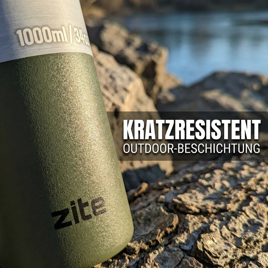 Zite Fishing Thermoskanne 1l Edelstahl Olivgrün – Doppelwandige Thermosflasche 8h heiß / 24h kalt mit Becher - Kratzresistente Outdoor-Beschichtung
