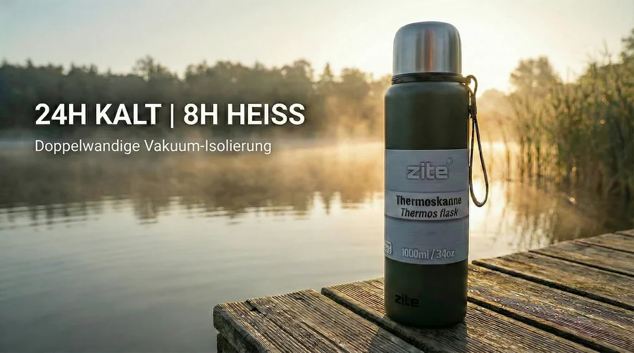 Zite Fishing Thermoskanne 1l Edelstahl Olivgrün – Doppelwandige Thermosflasche 8h heiß / 24h kalt mit Becher - Heiß oder kalt am Spot