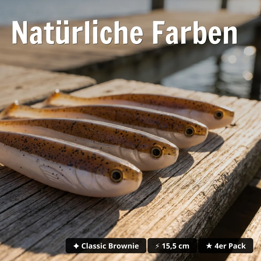 Inzite Shad Classic Brownie 15,5 cm – Gummifisch für Zander & Hecht, 4 Stück - Natürliche Farben